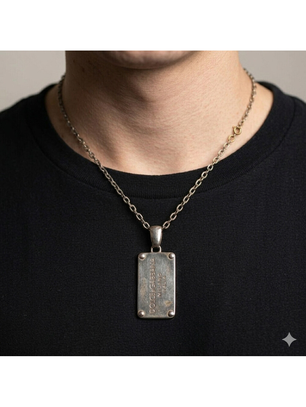 US Seller! Dolce & Gabbana Logo Plate Silver Tone Pendant Necklace Unisex